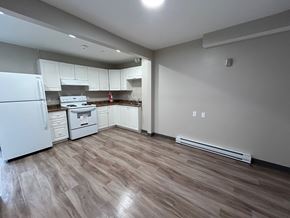 Kingston apartment for rent - A kitchen with white appliances and wood flooring.