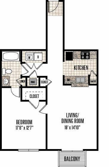 Floor plan for 1 bed, 1 bath, 892 sqft