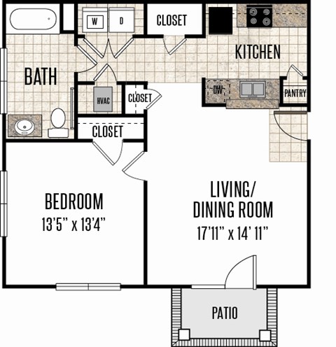 Floor plan for 1 bed, 1 bath, 832 sqft