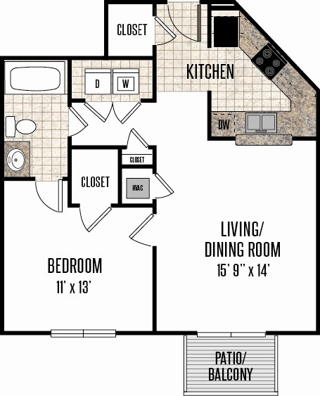 Floor plan for 1 bed, 1 bath, 740 sqft
