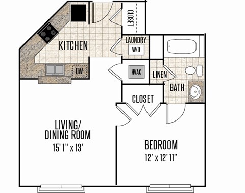 Floor plan for 1 bed, 1 bath, 704 sqft