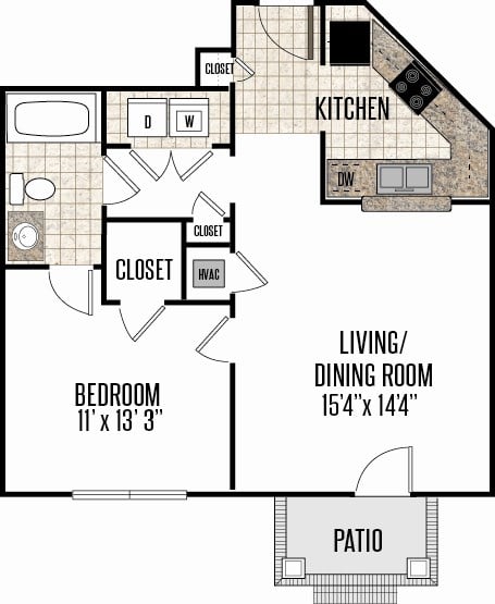 Floor plan for 1 bed, 1 bath, 728 sqft