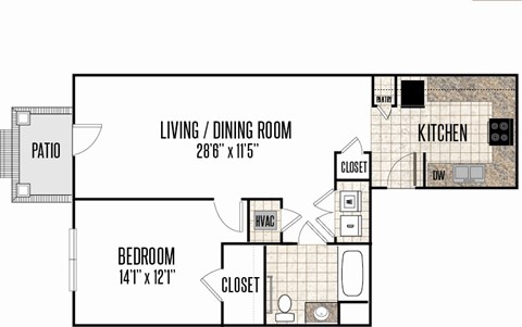 Floor plan for 1 bed, 1 bath, 893 sqft