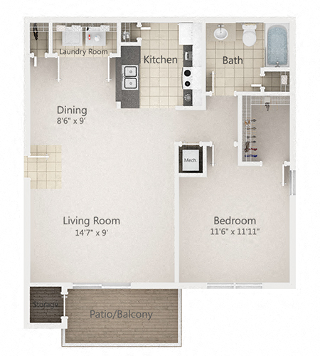 Floor plan for 1 bed, 1 bath, 800 sqft