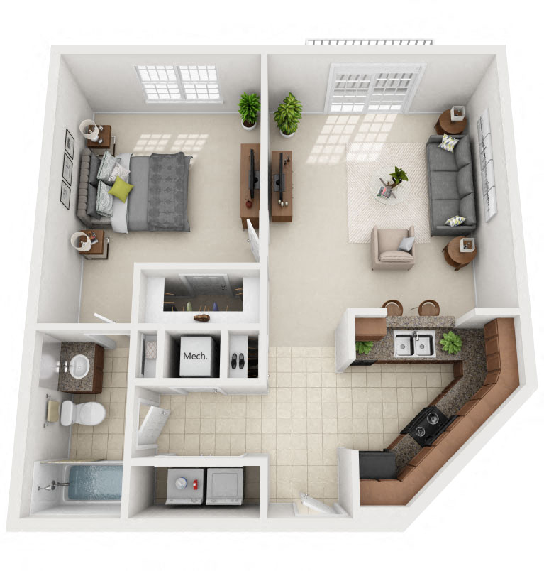 Floor plan for 1 bed, 1 bath, 792 sqft