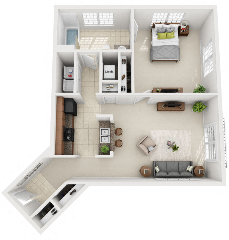 Floor plan for 1 bed, 1 bath, 851 sqft