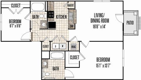 Floor plan for 2 beds, 2 baths, 1070 sqft