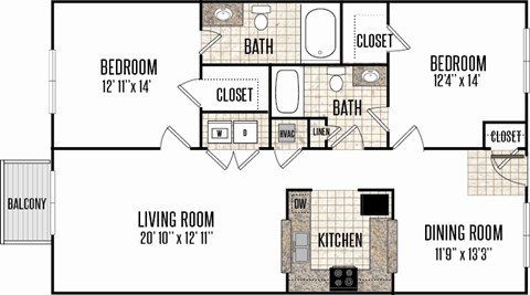 Floor plan for 2 beds, 2 baths, 1225 sqft