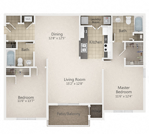 Floor plan for 2 beds, 2 baths, 1130 sqft