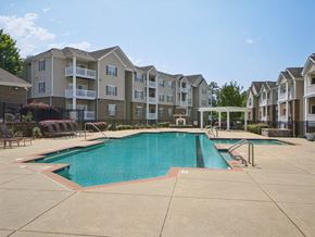 Raleigh apartment for rent - A large swimming pool in front of apartment buildings.