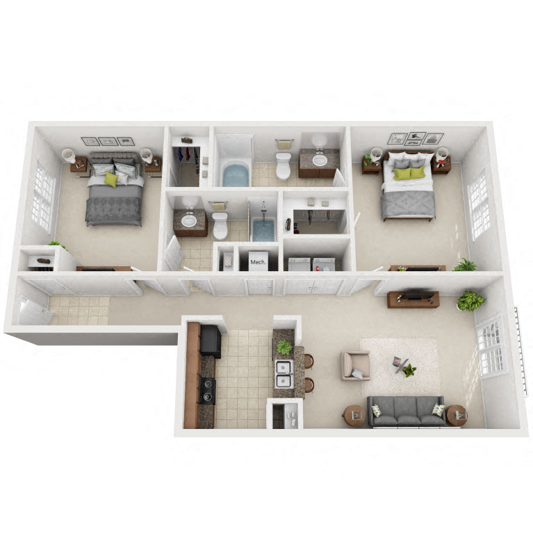 Floor plan for 2 beds, 2 baths, 1096 sqft