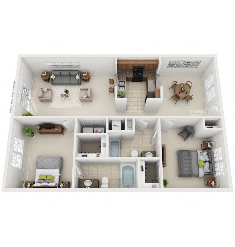 Floor plan for 2 beds, 2 baths, 1226 sqft