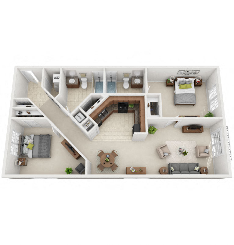 Floor plan for 2 beds, 2 baths, 1237 sqft