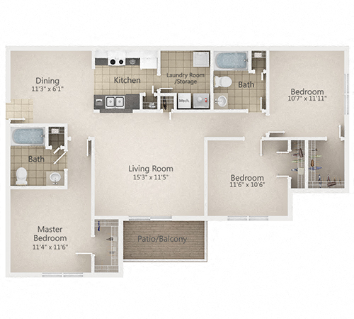 Floor plan for 3 beds, 2 baths, 1280 sqft