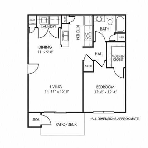 Floor plan for 1 bed, 1 bath, 800 sqft