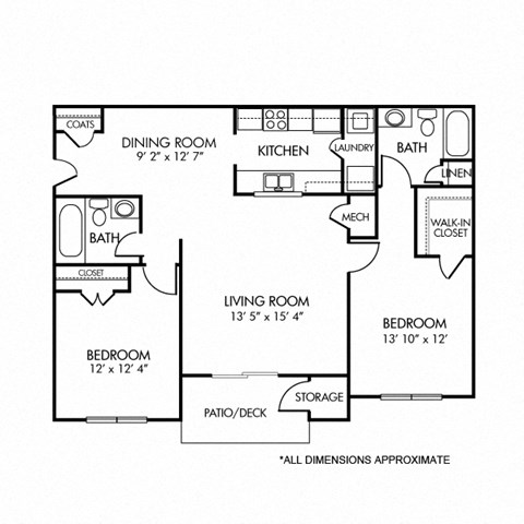 Floor plan for 2 beds, 2 baths, 1130 sqft