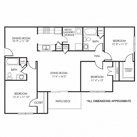 Floor plan for 3 beds, 2 baths, 1249 sqft