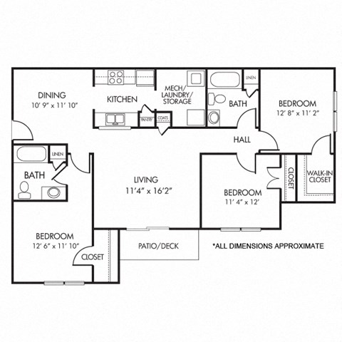 Floor plan for 3 beds, 2 baths, 1249 sqft
