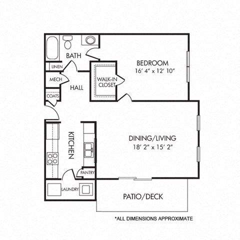 Floor plan for 1 bed, 1 bath, 798 sqft