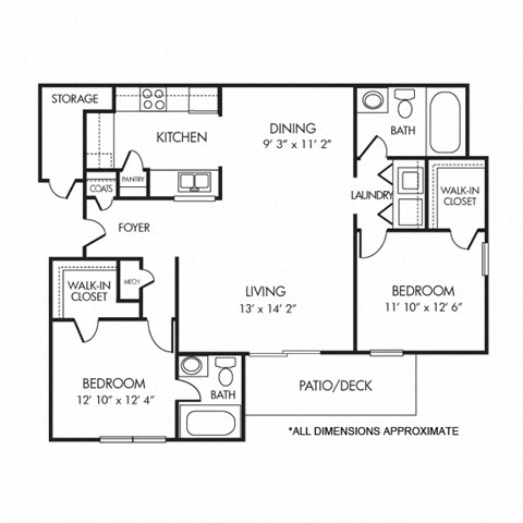 Floor plan for 2 beds, 2 baths, 1050 sqft