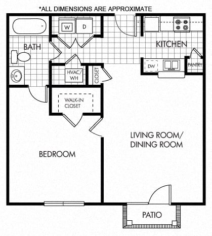 Floor plan for 1 bed, 1 bath, 769 sqft