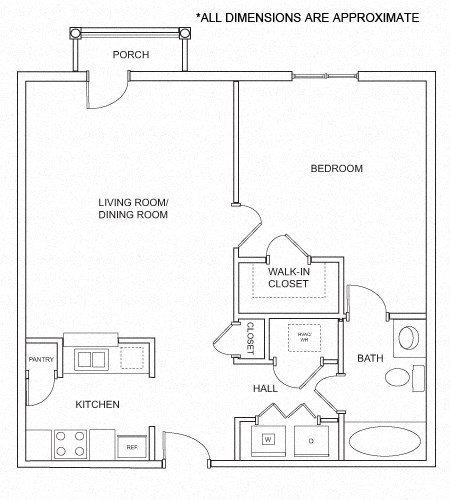 Floor plan for 1 bed, 1 bath, 902 sqft