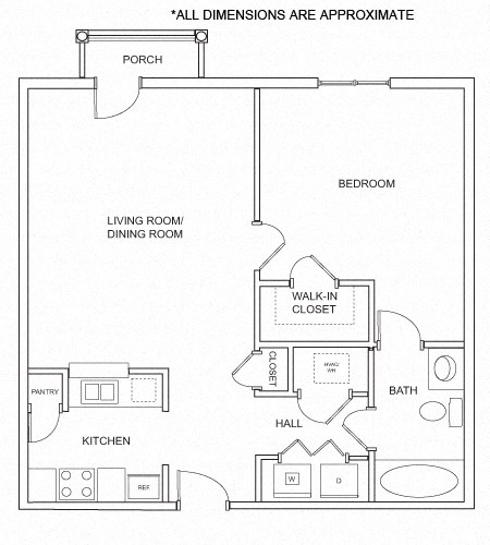 Floor plan for 1 bed, 1 bath, 762 sqft