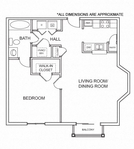 Floor plan for 1 bed, 1 bath, 774 sqft