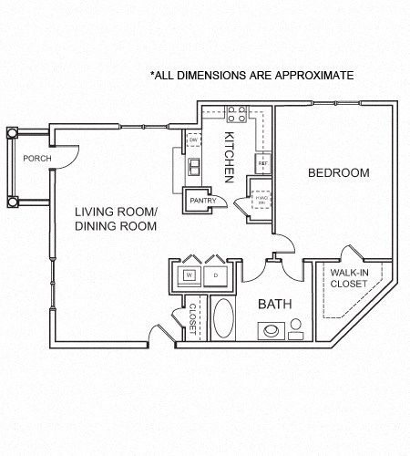 Floor plan for 1 bed, 1 bath, 900 sqft