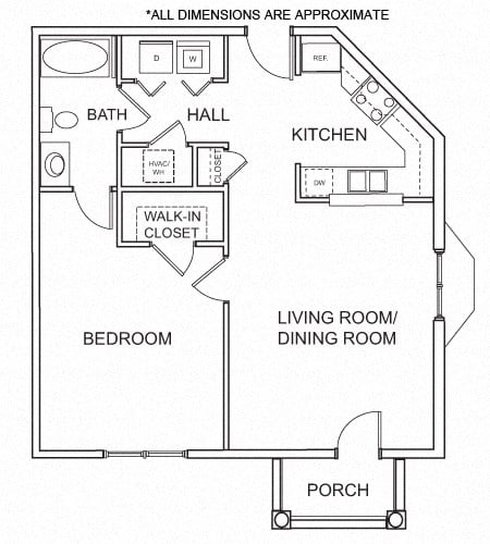 Floor plan for 1 bed, 1 bath, 749 sqft