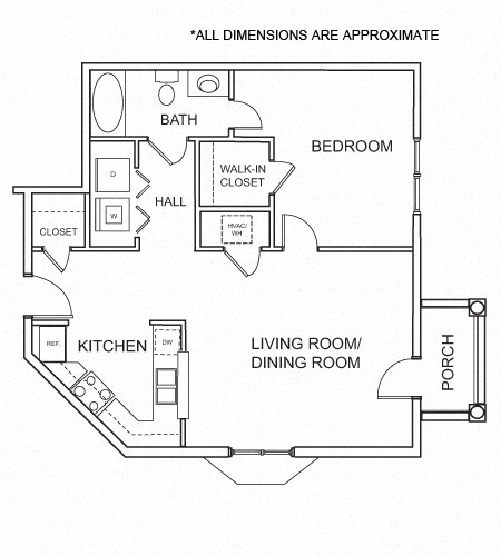 Floor plan for 1 bed, 1 bath, 704 sqft