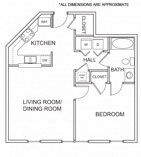 Floor plan for 1 bed, 1 bath, 672 sqft