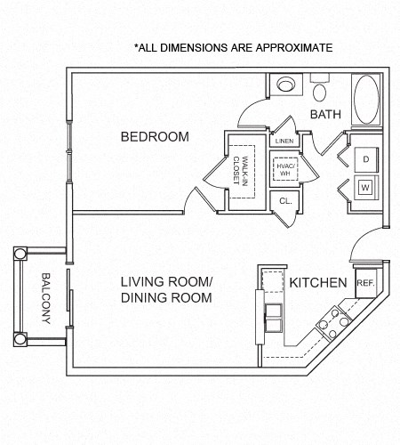 Floor plan for 1 bed, 1 bath, 735 sqft
