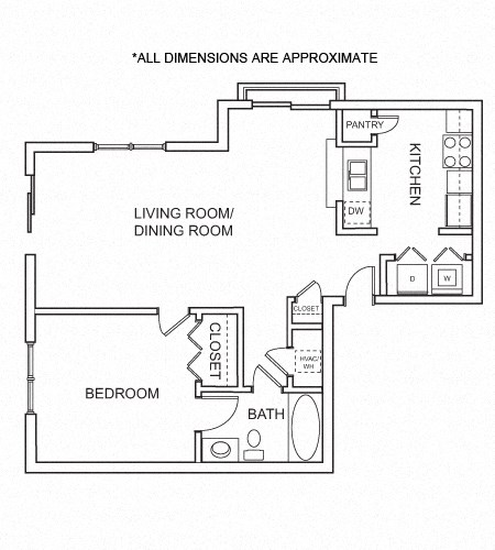 Floor plan for 1 bed, 1 bath, 770 sqft