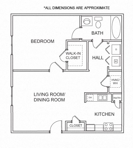 Floor plan for 1 bed, 1 bath, 766 sqft