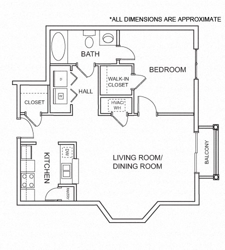 Floor plan for 1 bed, 1 bath, 727 sqft