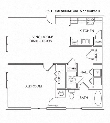 Floor plan for 1 bed, 1 bath, 723 sqft