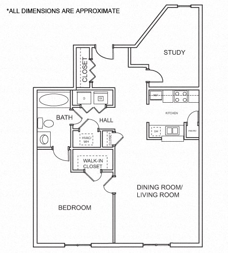 Floor plan for 1 bed, 1 bath, 988 sqft