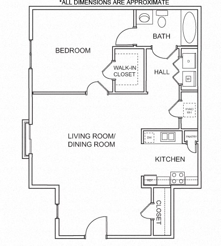Floor plan for 1 bed, 1 bath, 893 sqft