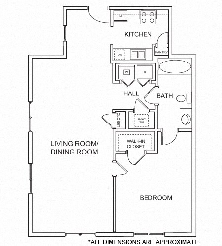 Floor plan for 1 bed, 1 bath, 846 sqft