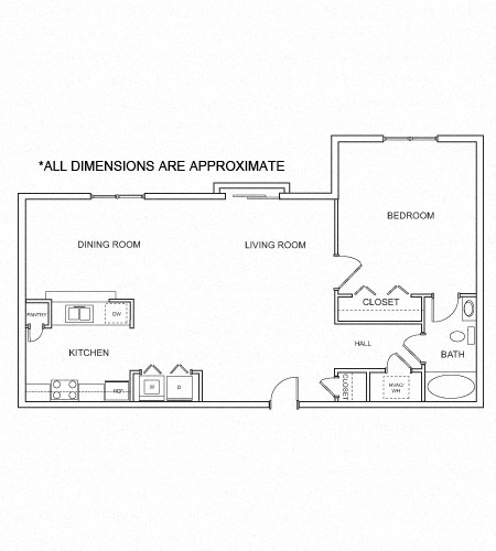 Floor plan for 1 bed, 1 bath, 818 sqft