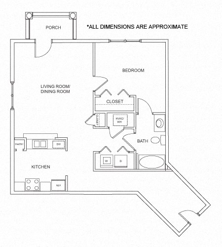 Floor plan for 1 bed, 1 bath, 774 sqft