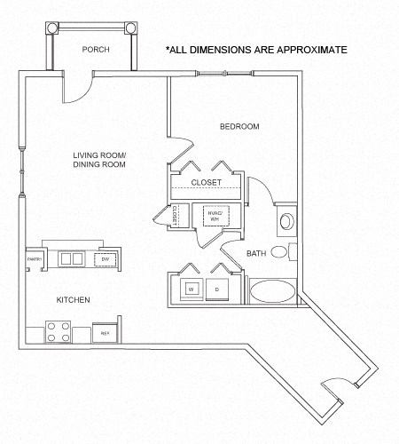 Floor plan for 1 bed, 1 bath, 757 sqft