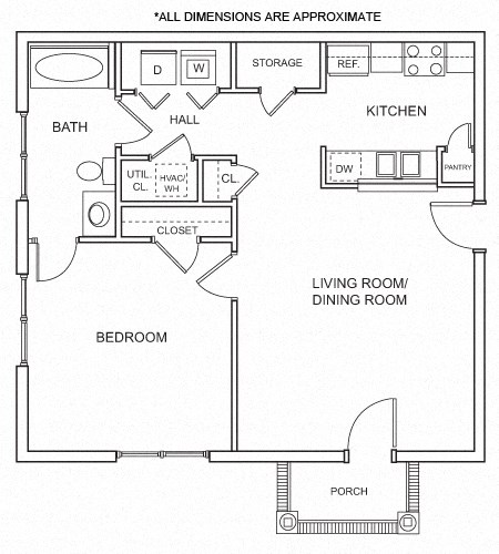 Floor plan for 1 bed, 1 bath, 732 sqft