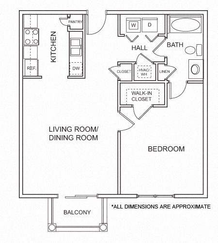 Floor plan for 1 bed, 1 bath, 766 sqft