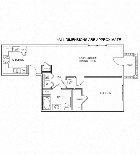 Floor plan for 1 bed, 1 bath, 788 sqft
