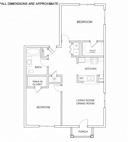 Floor plan for 2 beds, 1 bath, 1105 sqft