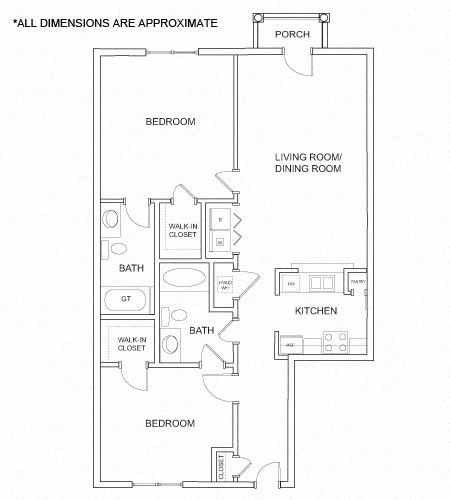 Floor plan for 2 beds, 2 baths, 1147 sqft
