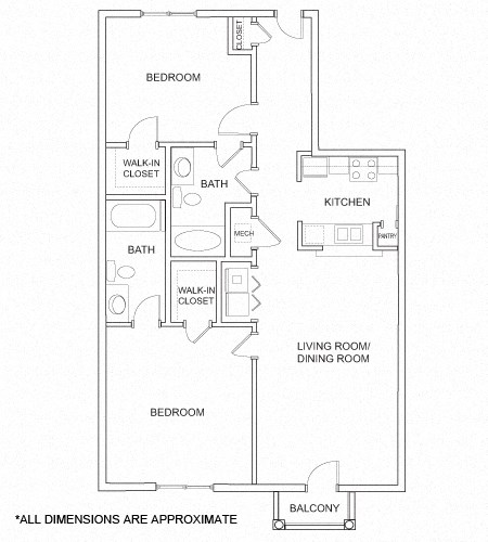Floor plan for 2 beds, 2 baths, 1032 sqft