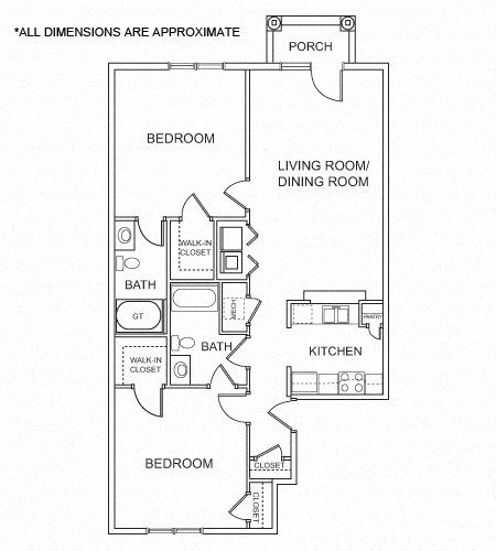 Floor plan for 2 beds, 2 baths, 1129 sqft